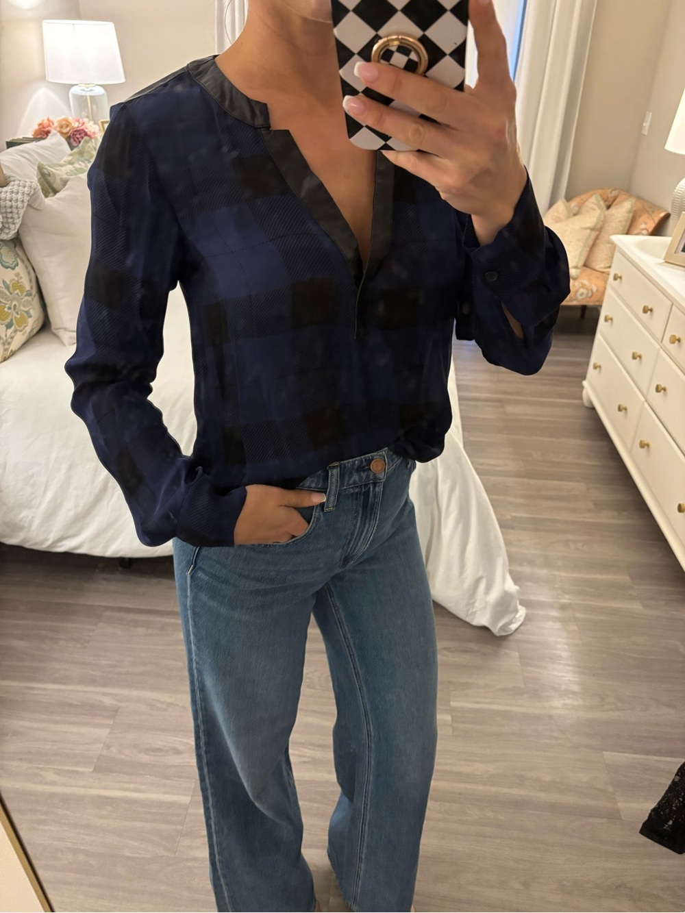Parker Navy Plaid Blouse with Faux Leather Trim Sz S